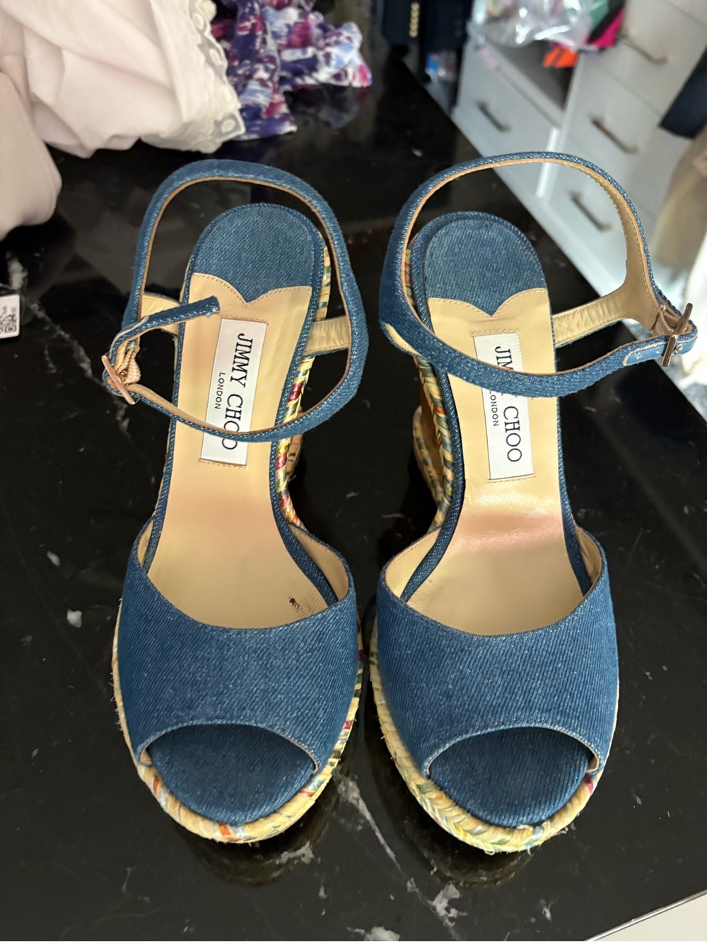 Jimmy Choo Denim Blue Espadrille Wedge Sandals 39